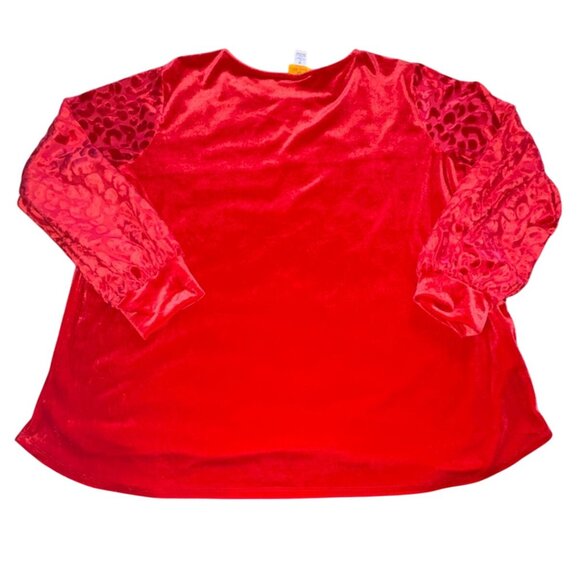 Ruby Rd. Scoop Neck Velvet Sweatshirt W/ Animal Print Sleeves-Red-1X-GUC - Picture 6 of 6